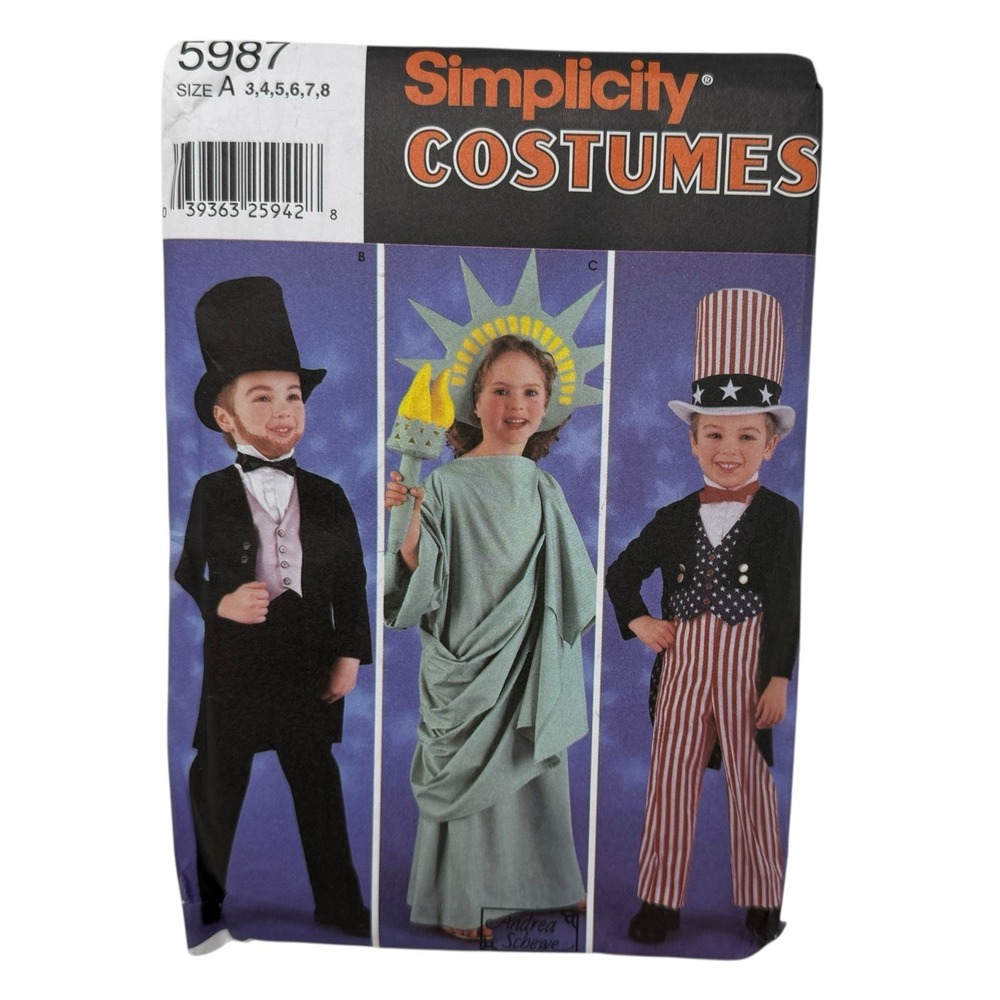 Simplicity 5987 Abe Lincoln, Lady Liberty & Uncle Sam‎ COSTUMES Sz 3-8 Some CUT